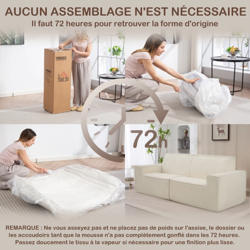HOMCOM Canapé 3 places en velours côtelé 230 cm, canapé moderne, pas de montage nécessaire, beige