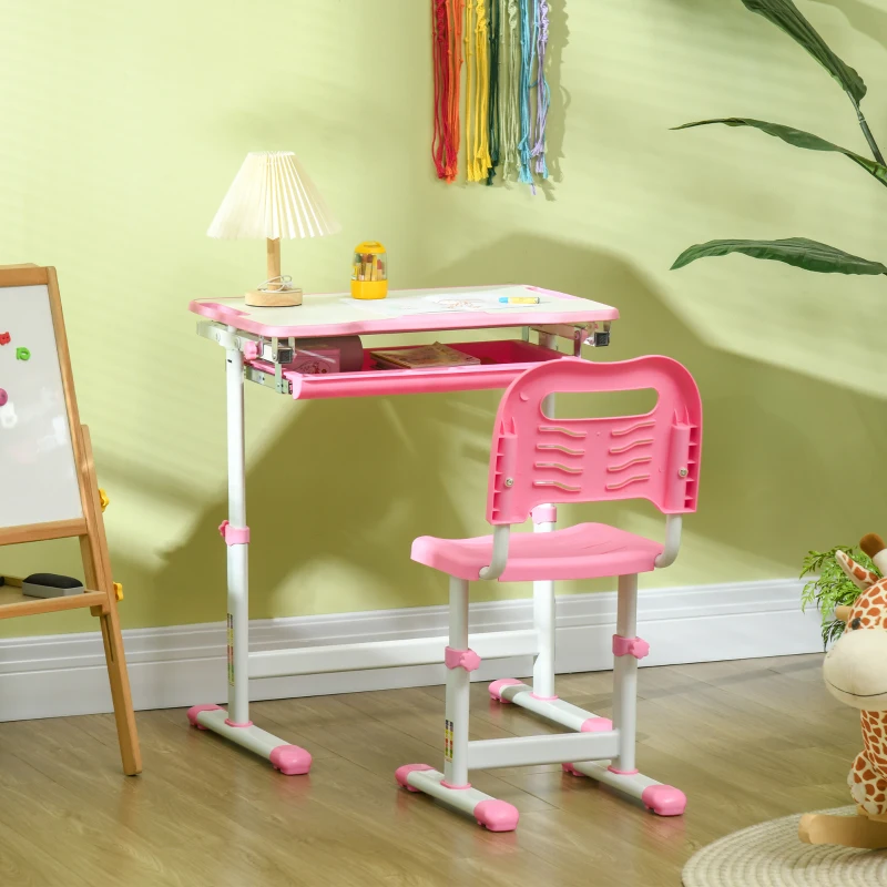 HOMCOM Banco Scuola per Bambini 6-12 Anni con Sedia e Altezza Regolabile, Piano Inclinabile, 66x47x52-77 cm, Rosa