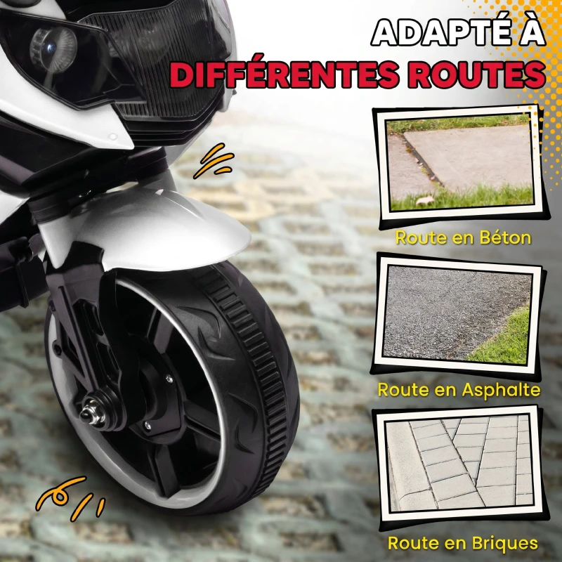 AIYAPLAY Moto électrique enfants 6 V, voiture électrique enfants avec roues d'entraînement, effets lumineux et sonores, blanc