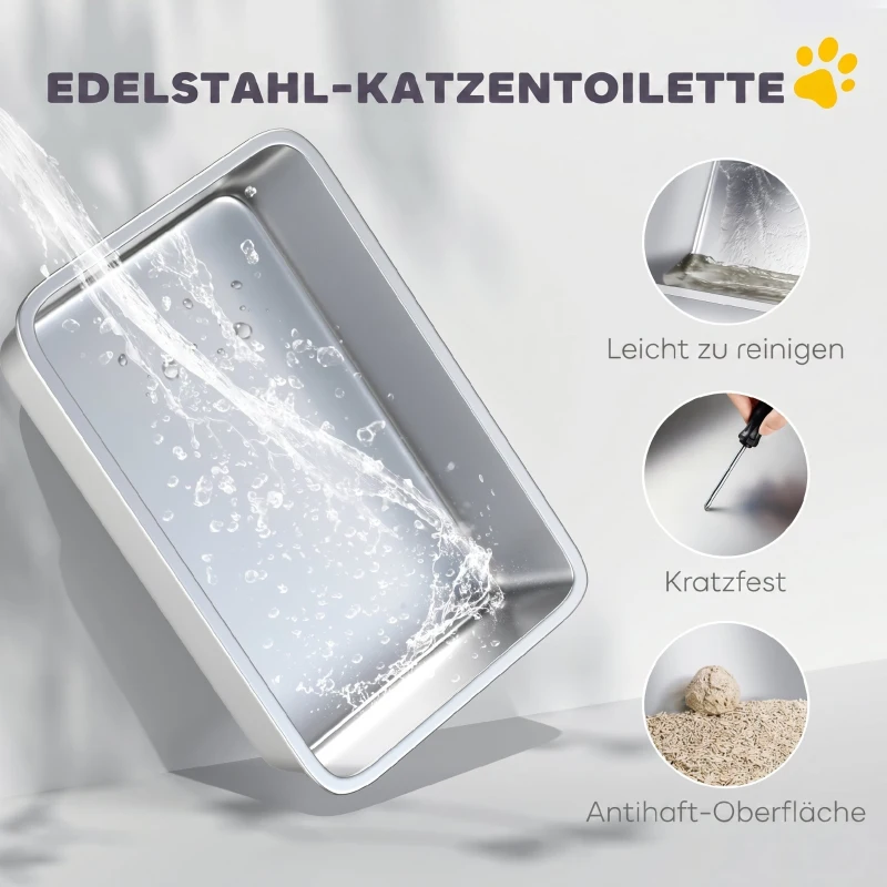 PawHut Katzentoilette, Edelstahl, XL-Innenraum, mit Schaufel, Hellgrau