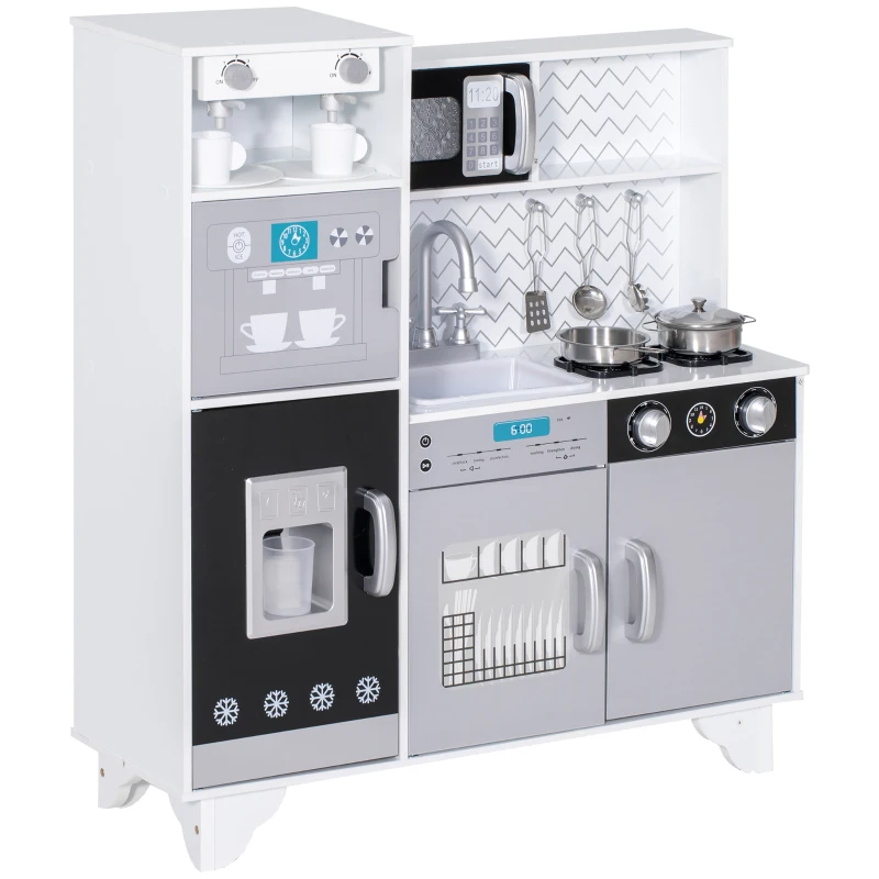 AIYAPLAY Cozinha de Madeira com Som Acessórios em Aço Inoxidável Micro-Ondas, Máquina de Gelo Cafeteira, Máquina de Lavar Loiça 79,5x24x83,8 cm Branco