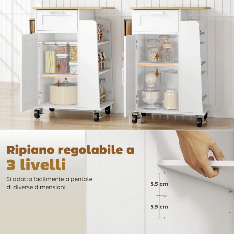 HOMCOM Carrello da Cucina con Cassetto, Armadietto, Portasciugamani e 3 Portaspezie, in Legno, 62x40x87 cm, Bianco