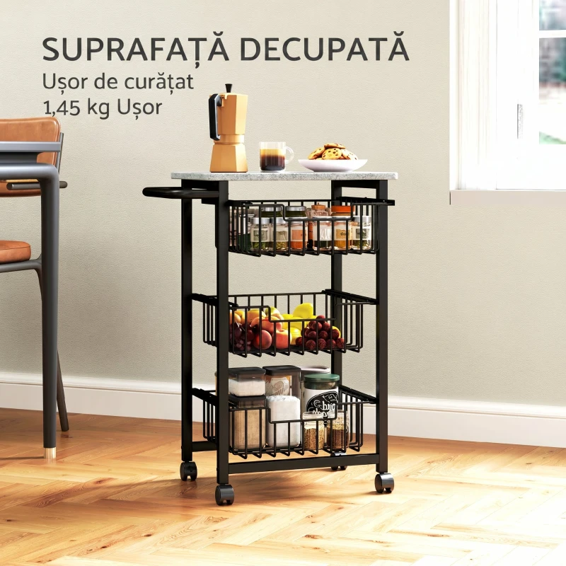 HOMCOM Căruț de bucătărie cu 3 coșuri și mâner, din oțel și lemn, 49.5x31x69 cm, negru și gri deschis