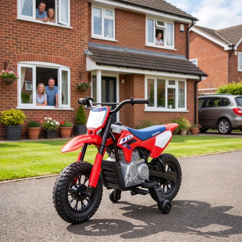 AIYAPLAY Motocicletă Electrică pentru Copii sub Licență HONDA 12 V, Viteză 3-6 Km/h, Vehicul Electric pentru Copii 3+ ani, Roșu și Albastru
