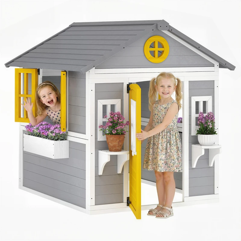 Outsunny Spielhaus Wetterfestes Kinderspielhaus aus Holz mit Tür 6 Fenster 2 Blumenkästen 2 Blumenständern für 3-8 Jahre Grau