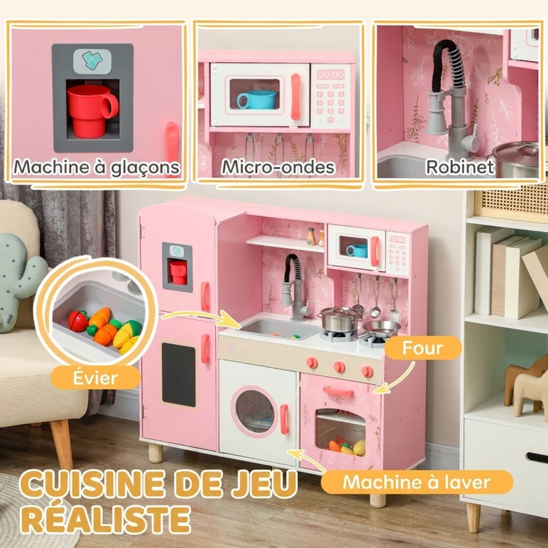 AIYAPLAY Cuisine Enfant avec Glaçons, Micro-ondes, Four, Plaque, Évier, Machine à Laver, Tableau, 90x 33,3x91,6cm, Rose