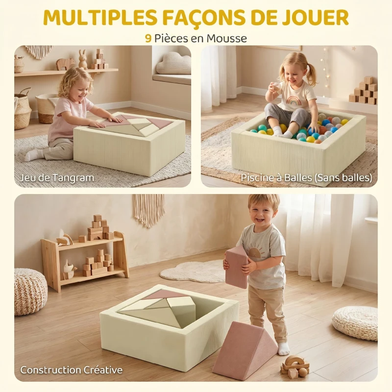 AIYAPLAY Parcours motricité bébé 9PCS avec piscine à balles, module en mousse souple avec housse en velours côtelé, multicolore