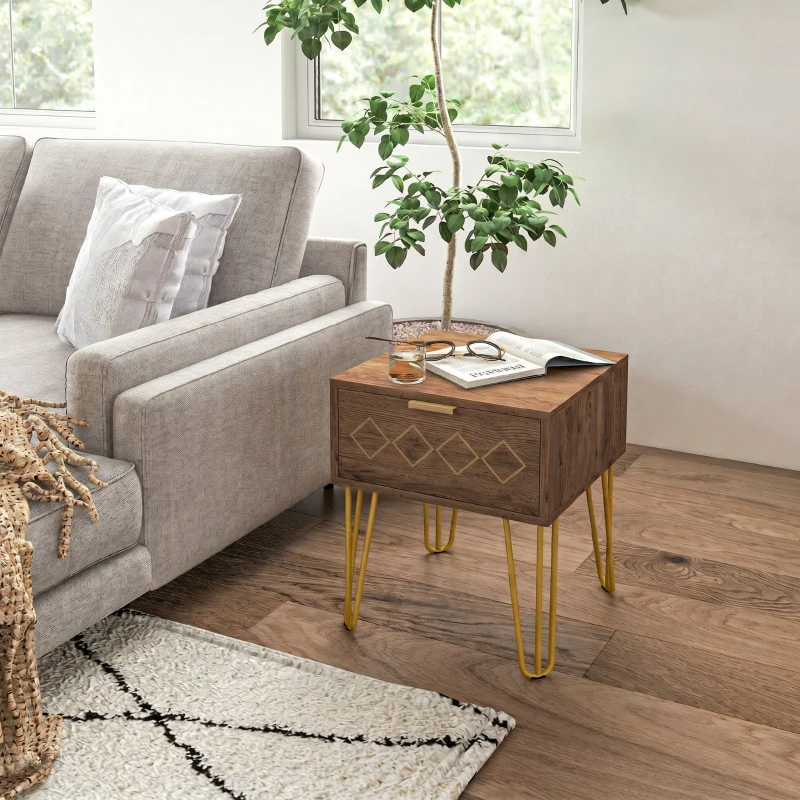 HOMCOM Noptiere Moderne Set 2 Piese din Plăci Aglomerate și Oțel cu Sertar, 39.5x41x49 cm, Maro