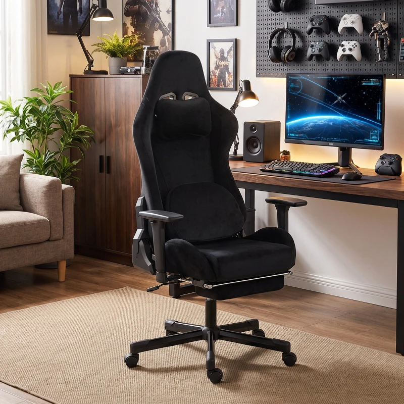 HOMCOM Scaun Gaming Ergonomic cu Masaj și Pernă Lombară Încălzită, Fotoliu Gaming Înclinat din In, Brațe 4D, Negru