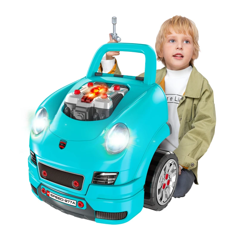 HOMCOM Juego Infantil de Motor con Herramientas 61 Piezas Volante Bocina Faros Caja de Almacenaje y Ruedas 40x39x47 cm Turquesa
