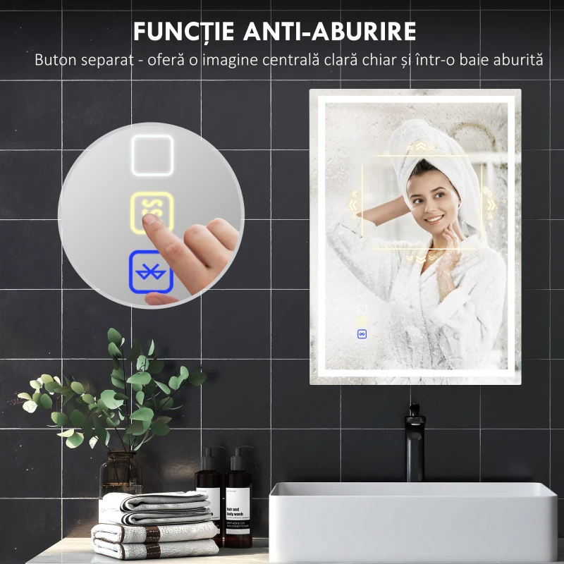 HOMCOM Oglindă de baie anti-aburire cu lumină LED reglabilă, difuzor Bluetooth, butoane tactile, 50x70 cm