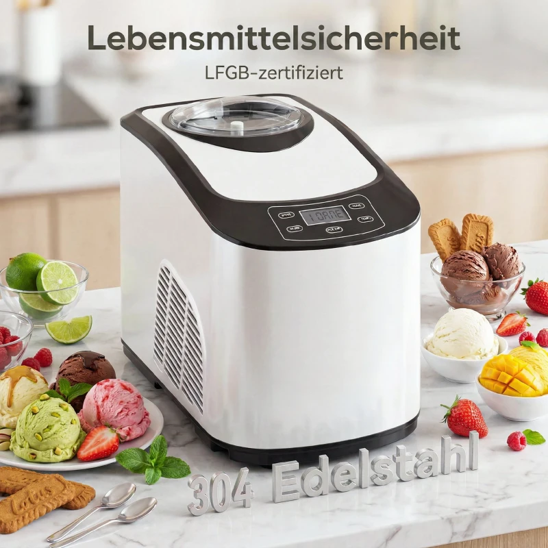 HOMCOM Eismaschine ohne Vorfrieren mit eingebautem Kompressor, 1,5L, Weiß