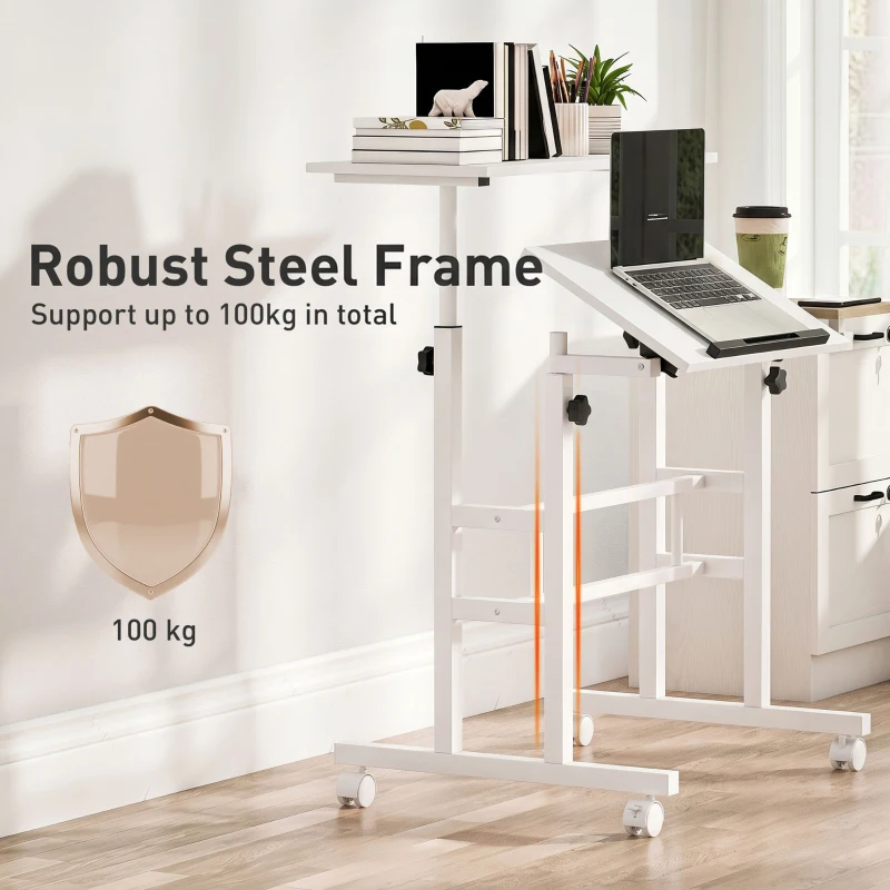 HOMCOM Bureau Assis-Debout, Bureau Réglable en Hauteur 70 x 60 cm, à Roulettes avec Plateau Inclinable, 70x60x70,5-120cm, Blanc