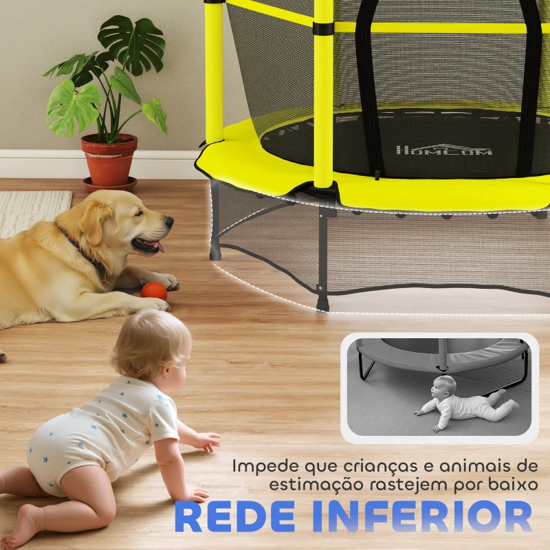 HOMCOM Cama Elástica Infantil Ø140 cm para Crianças dos 3-10 Anos com Rede de Segurança, Suporta até 50 kg, para Interior e Exterior, Amarelo