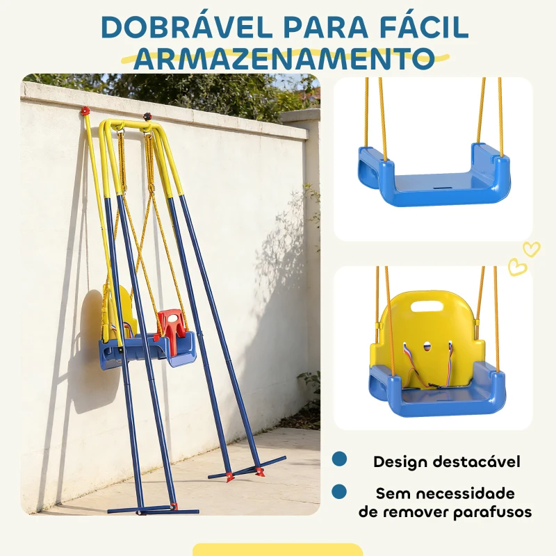 AIYAPLAY Baloiço para Bebés 3 em 1 Baloiço Jardim com Cordas Ajustáveis Cinto de Segurança Estrutura em A Dobrável 128x155x157 cm Azul