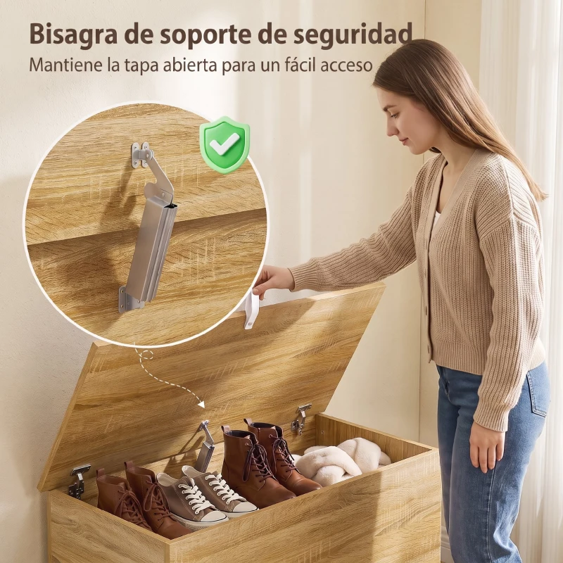 HOMCOM Baúl de Almacenaje 102L con Bisagra de Seguridad Estilo Moderno para Pasillo Dormitorio Salón 80x40x45 cm Roble
