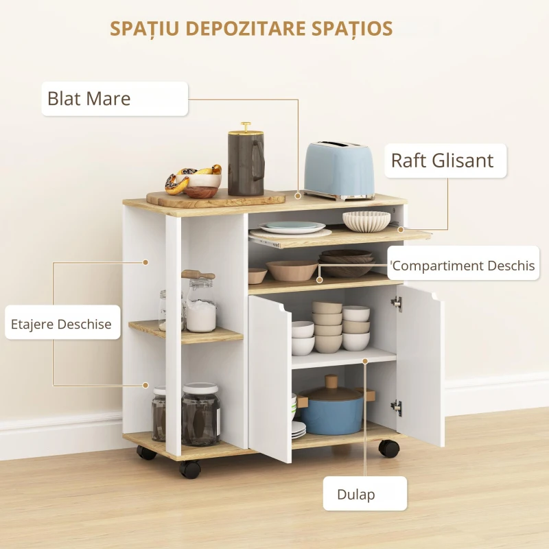 HOMCOM Cărucior de bucătărie rulant cu spațiu de depozitare, dulap, rafturi reglabile, pentru bucătărie, sufragerie, sufragerie, Alb