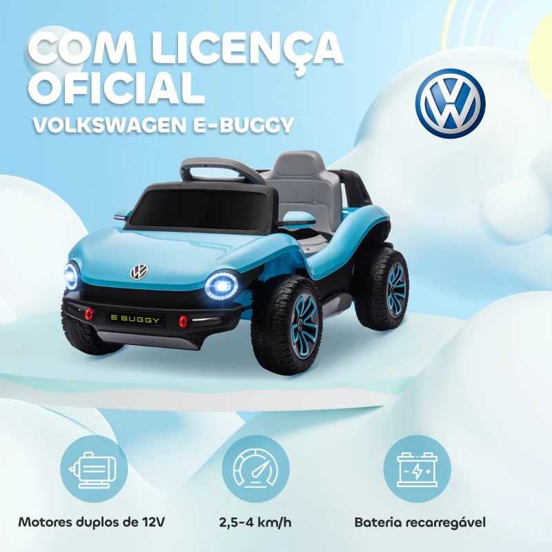 AIYAPLAY Carro Elétrico para Crianças Volkswagen E-Buggy Bateria 12V com Controlo Remoto 2,4 G Faróis LED Música USB 98x56,5x47 cm Azul