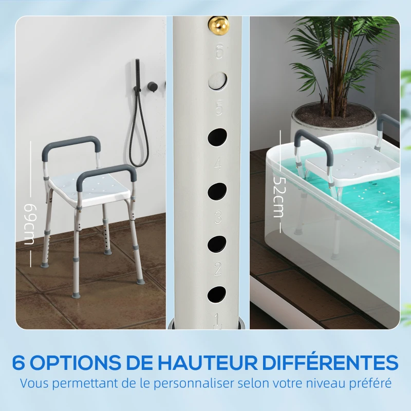 HOMCOM Tabouret de douche pour personnes âgées et handicapées avec accoudoirs, hauteur réglable, patins antidérapants, bleu