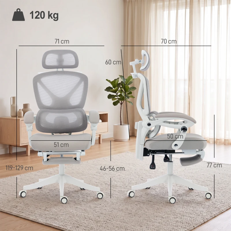 HOMCOM Chaise Bureau Ergonomique avec Appui-Tête Réglable, Fauteuil de Bureau Inclinable en Maille, Dossier Séparé, Gris