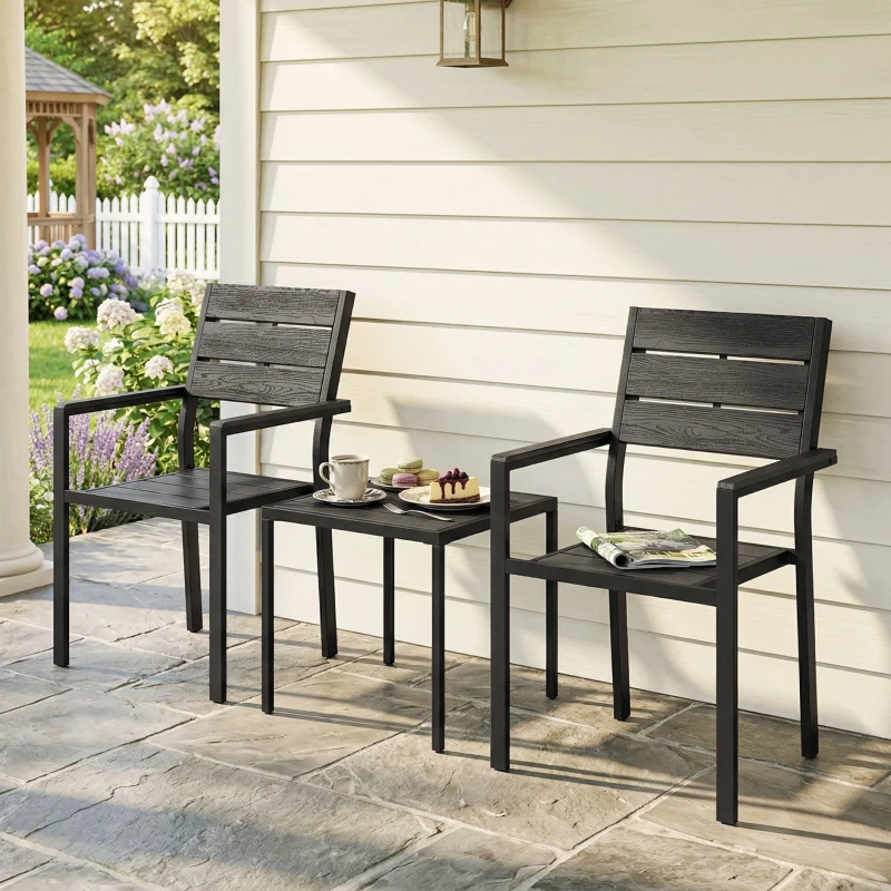 Outsunny 3-teiliges Garten Bistro Set Bistrotisch mit 2 Stühlen Lamellendesign Holzoptik HDPE-Tischplatte Rostbeständig