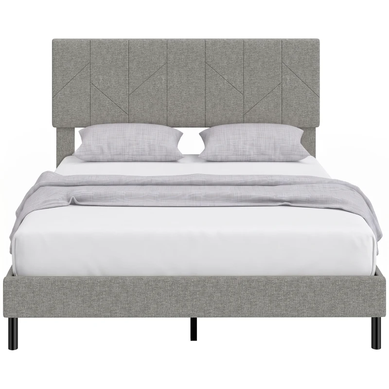 HOMCOM Cadre de Lit 140 x 190 cm avec Sommier et Tête Réglable, Lit Double Rembourré en Lin, Rangement au-dessous, Gris