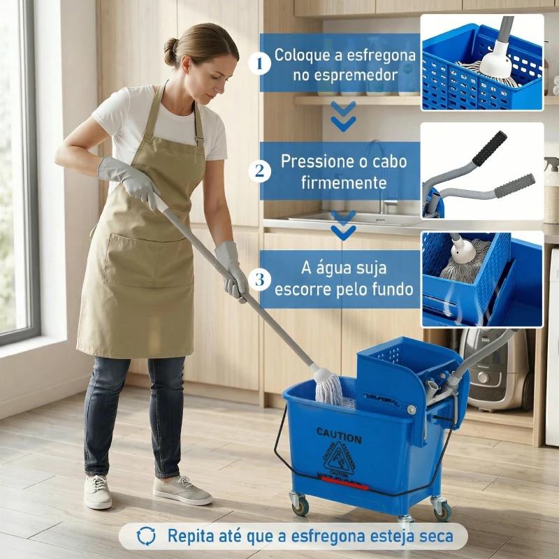 HOMCOM Balde de Limpeza com Escorredor, Painel Separador e Rodas Capacidade de 20L para Limpeza Doméstica 45x26,5x70 cm Azul
