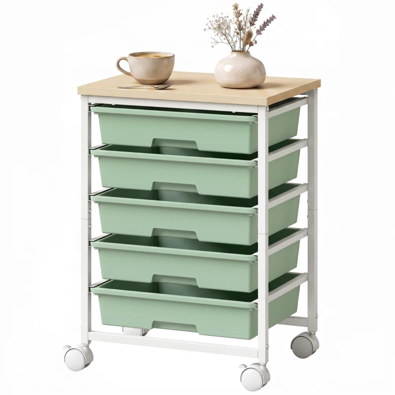 HOMCOM 6-Tier Storage Trolley on Wheels, Metal Kitchen Rolling Cart with 5 Pull-Out Drawers, Green