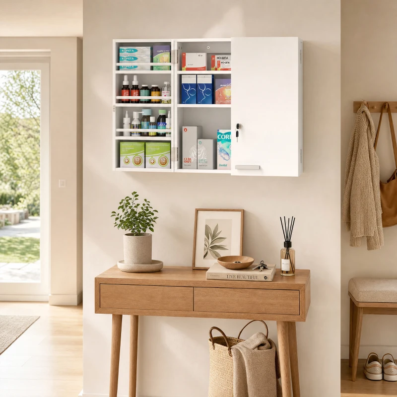 HOMCOM Armoire à pharmacie murale, armoire à médicaments avec double porte verrouillable 2 clés, 53x20x53cm, blanc