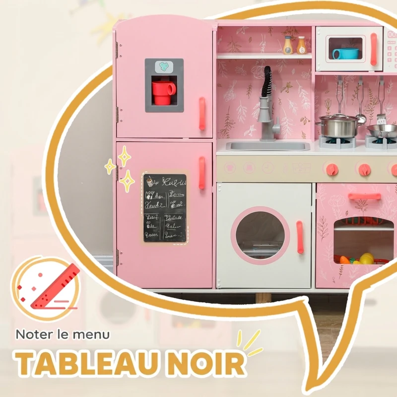 AIYAPLAY Cuisine Enfant avec Glaçons, Micro-ondes, Four, Plaque, Évier, Machine à Laver, Tableau, 90x 33,3x91,6cm, Rose