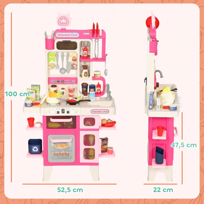 AIYAPLAY Cocina de Juguete con Luces Sonido Accesorios Fregadero Utensilios Alimentos Falsos para Niños a Partir de 3 Años Rosa
