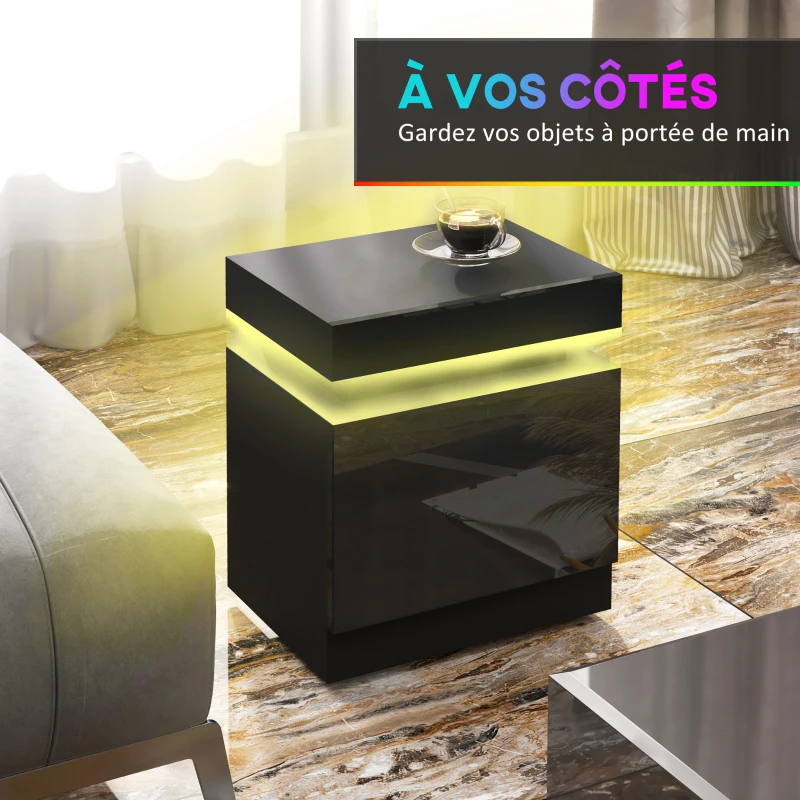 HOMCOM Table de chevet table de nuit lumière LED RVB panneau haute brillance avec 2 tiroirs pour salon chambre à coucher noir