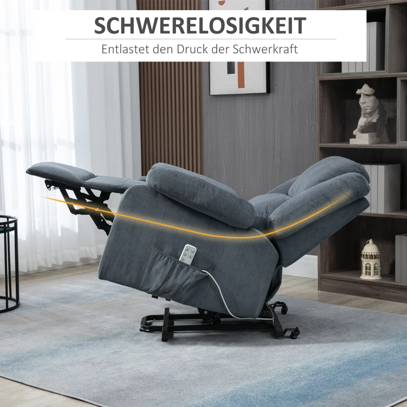 HOMCOM Sta-op stoel, Relaxstoel, met ligfunctie, afstandsbediening, fluweeloptiek, grijs, 92 x 93 x 105 cm