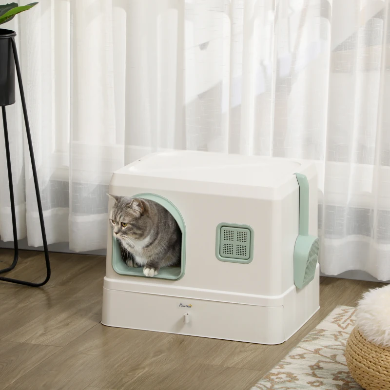 PawHut Bac à litière pour chat maison de toilette avec pelle et 2 désodorisants inclus dim. 40 x 50 x 40 cm - blanc