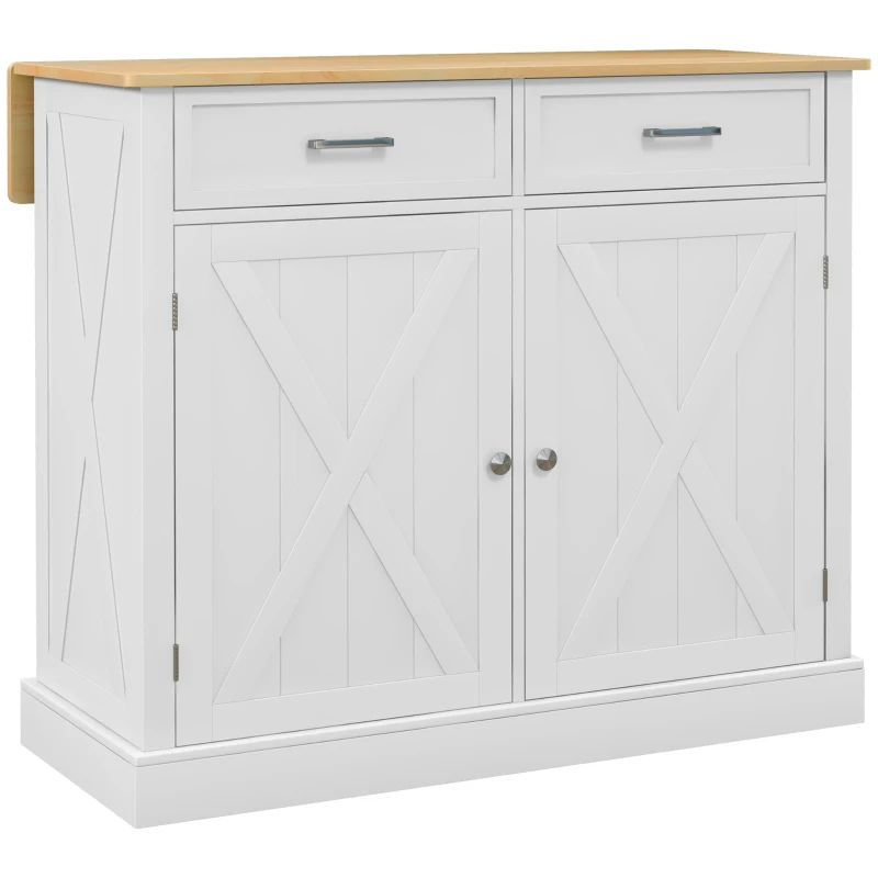 HOMCOM Ilha de Cozinha com Bancada de Madeira Dobrável 2 Portas 2 Gavetas Prateleira Ajustável e 4 Rodas 10x60x90,5 cm Branco e Madeira
