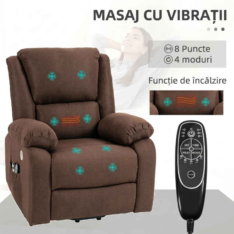HOMCOM Fotoliu reclinabil cu funcție de ridicare și suport pentru picioare, din material textil cu aspect de in, 87x92x105 cm, culoare cafea(m-6)