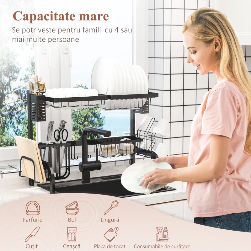 HOMCOM Suport pentru Vase Modulabil de Chiuvetă cu 2 Niveluri, Picioare Antialunecare, din Oțel, 65x31,5x52,5 cm, Negru