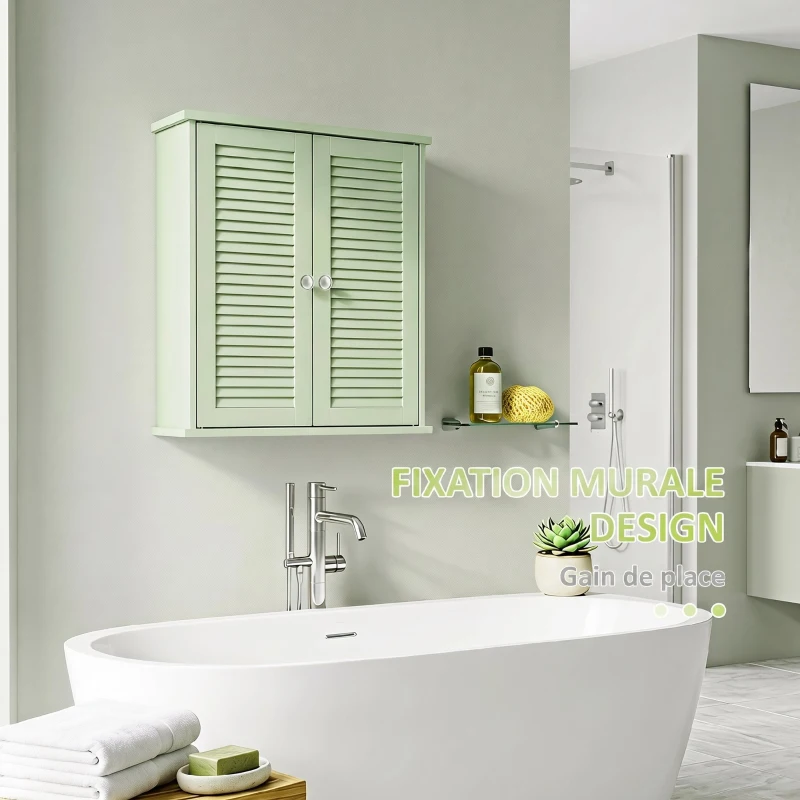 HOMCOM Armoire murale de salle de bain, meuble de rangement suspendu avec 2 portes persiennes et étagère réglable, vert
