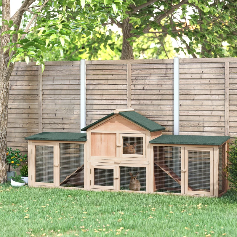 PawHut Clapier cage à lapins rongeurs XXL clapier nain 2 étages toit bitumé intégral tiroir déjection 210L x 45,5l x 84,5H cm bois massif pin pré-huilé