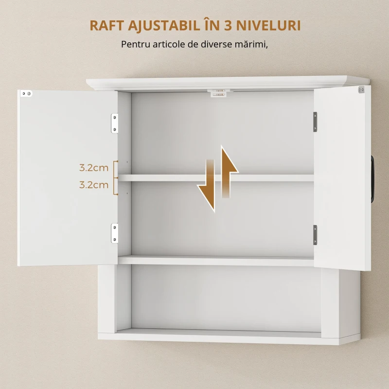 HOMCOM Dulapior 2 Rafturi de Montat pe Perete de Perete Bucatarie Baie Lemn 60x19,8x58cm Alb