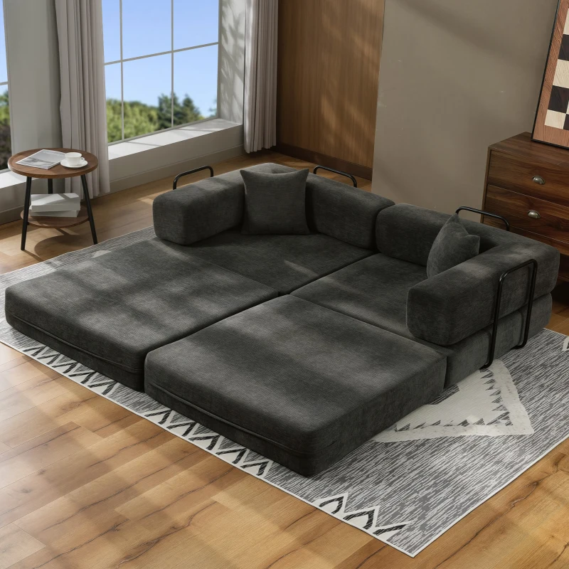 HOMCOM Canapé Convertible 2 Places, Canapé-Lit en Chenille 198 cm, Assise et Accoudoirs Larges, 2 Coussins, Gris Foncé