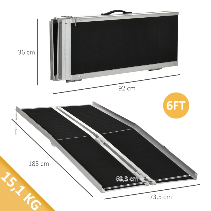 HOMCOM Rampa Pieghevole per Sedia a Rotelle in Alluminio con Rivestimento Antiscivolo e Bordi di Sicurezza, 183x73.5 cm, Nero