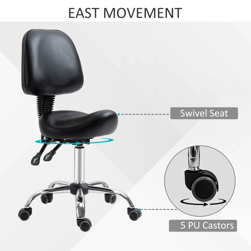 HOMCOM Saddle Stool, PU Leather Adjustable Rolling Salon Chair for Massage, Spa, Clinic, Beauty and Tattoo, Black