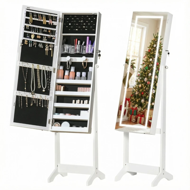 HOMCOM Jewellery Cabinet with LED Light, Lockable Jewellery Organiser with Full-Length Mirror for Bedroom Dressing Room, White