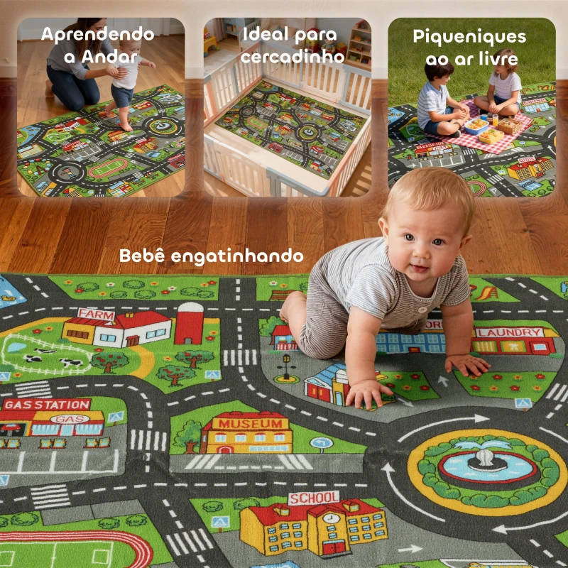 AIYAPLAY Tapete Infantil Estrada de Cidade 160x100 cm Tapete Educativo Antiderrapante para Engatinhar e Brincar com Carros Multicor