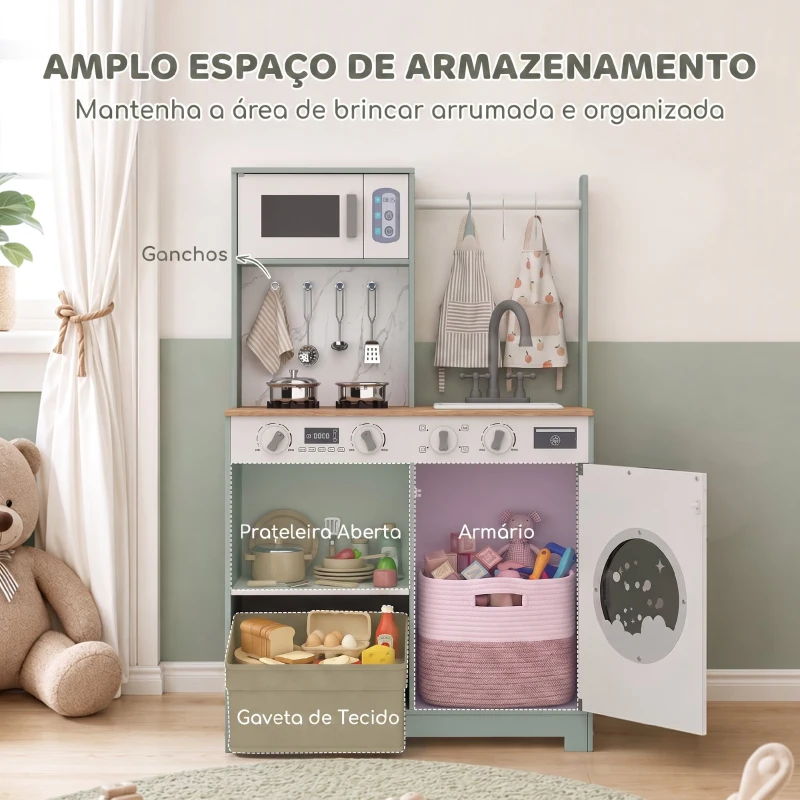 AIYAPLAY Cozinha de Brincar em Madeira com Lavandaria, Dispensador de Gelo, Gaveta em Tecido, Cabides e Acessórios em Aço Inoxidável, Verde
