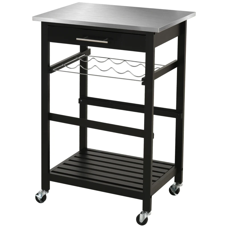 HOMCOM Chariot de Service desserte de Cuisine Table roulantes avec étagère rangement bouteille 60L x 40l x 85H cm Plateau en Acier INOX. Noir