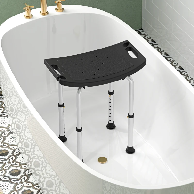 HOMCOM Banco de Duche com Altura Ajustável em 8 Posições com Base de Borracha Antiderrapante 50x36x39,5-56,5 cm Preto