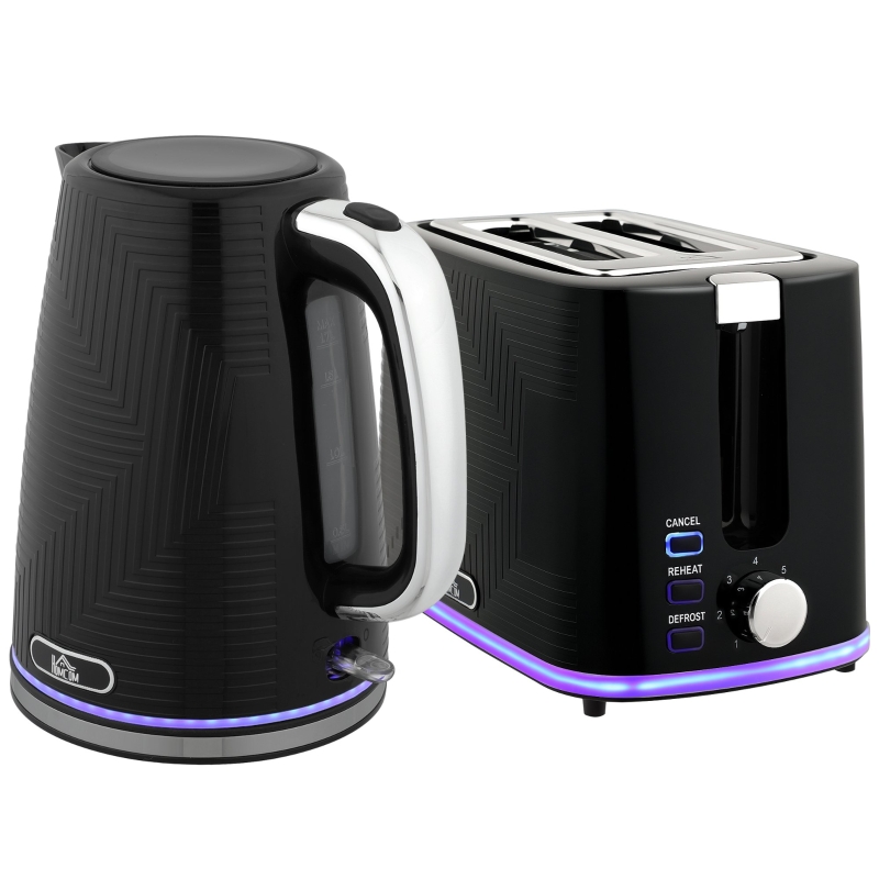 HOMCOM Wasserkocher- und Toaster-Set, 2200W, Otter-Thermostat, 2-Schlitz- Toaster, 7 Bräunungsstufen, Krümelfach, Schwarz