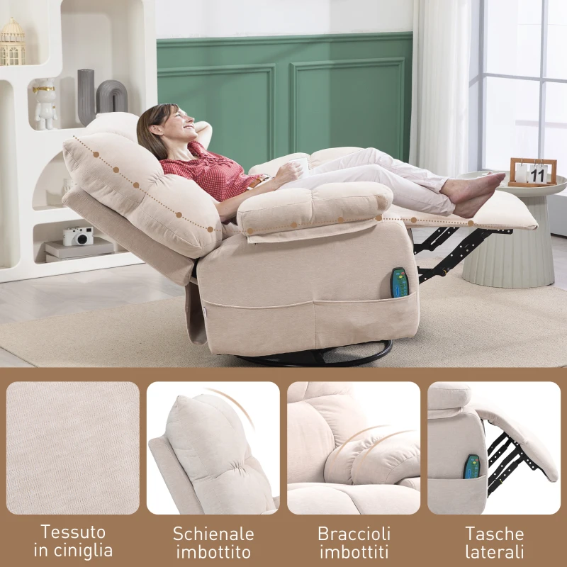 HOMCOM Poltrona Reclinabile con Poggiapiedi, Massaggio e Riscaldamento con 5 Programmi e 8 Punti Vibranti, Beige
